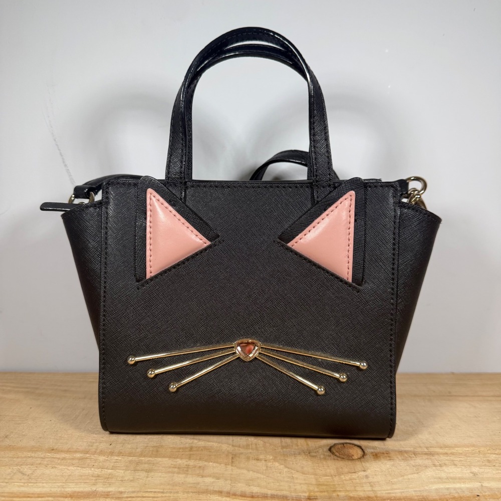 Kate Spade Meow Cat Mini Candace Satchel Women Small Black Pink Leather Handbag